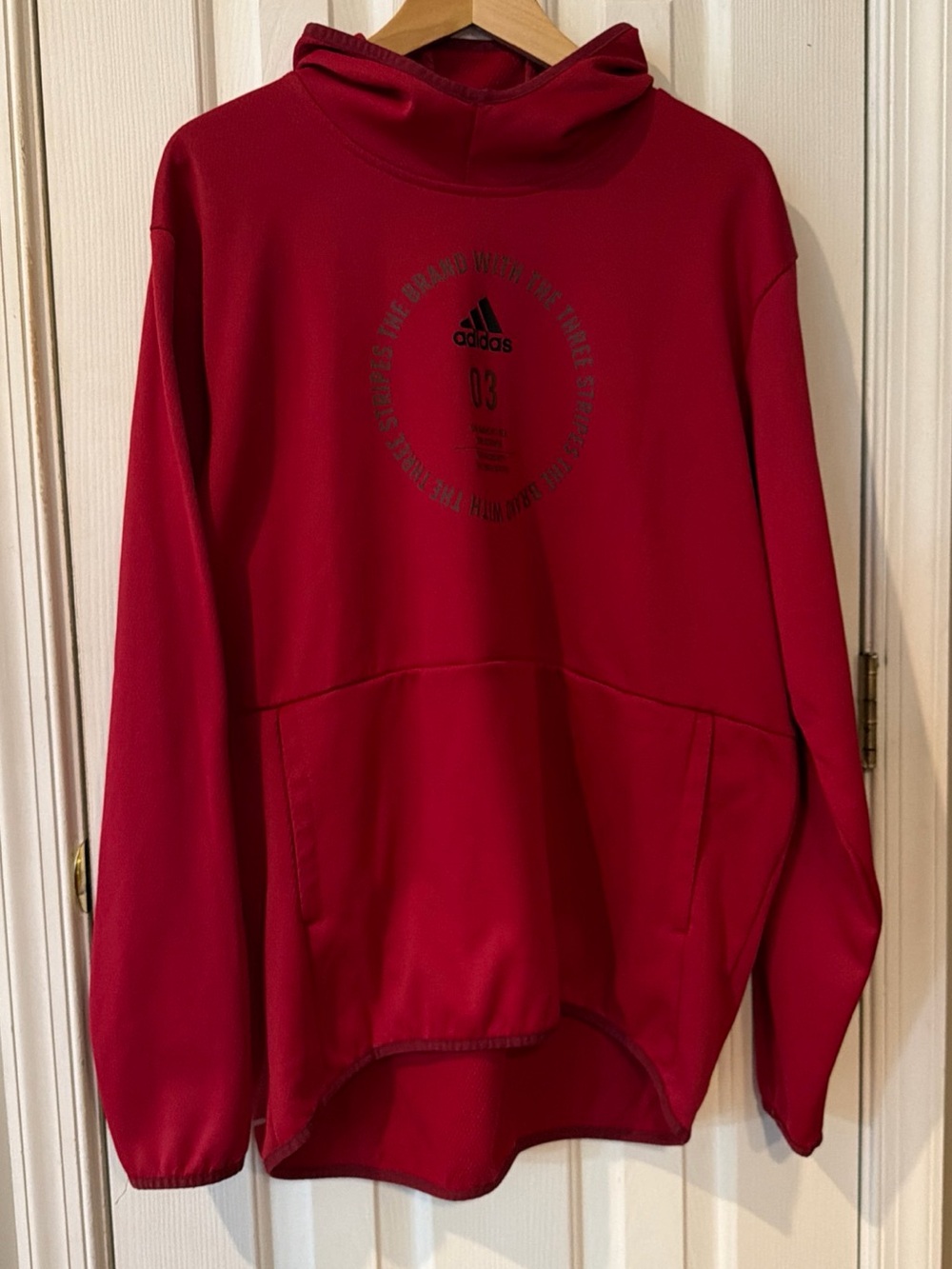 Adidas Red "The Brand With The Three Stripes" Graphic Hoodie XL